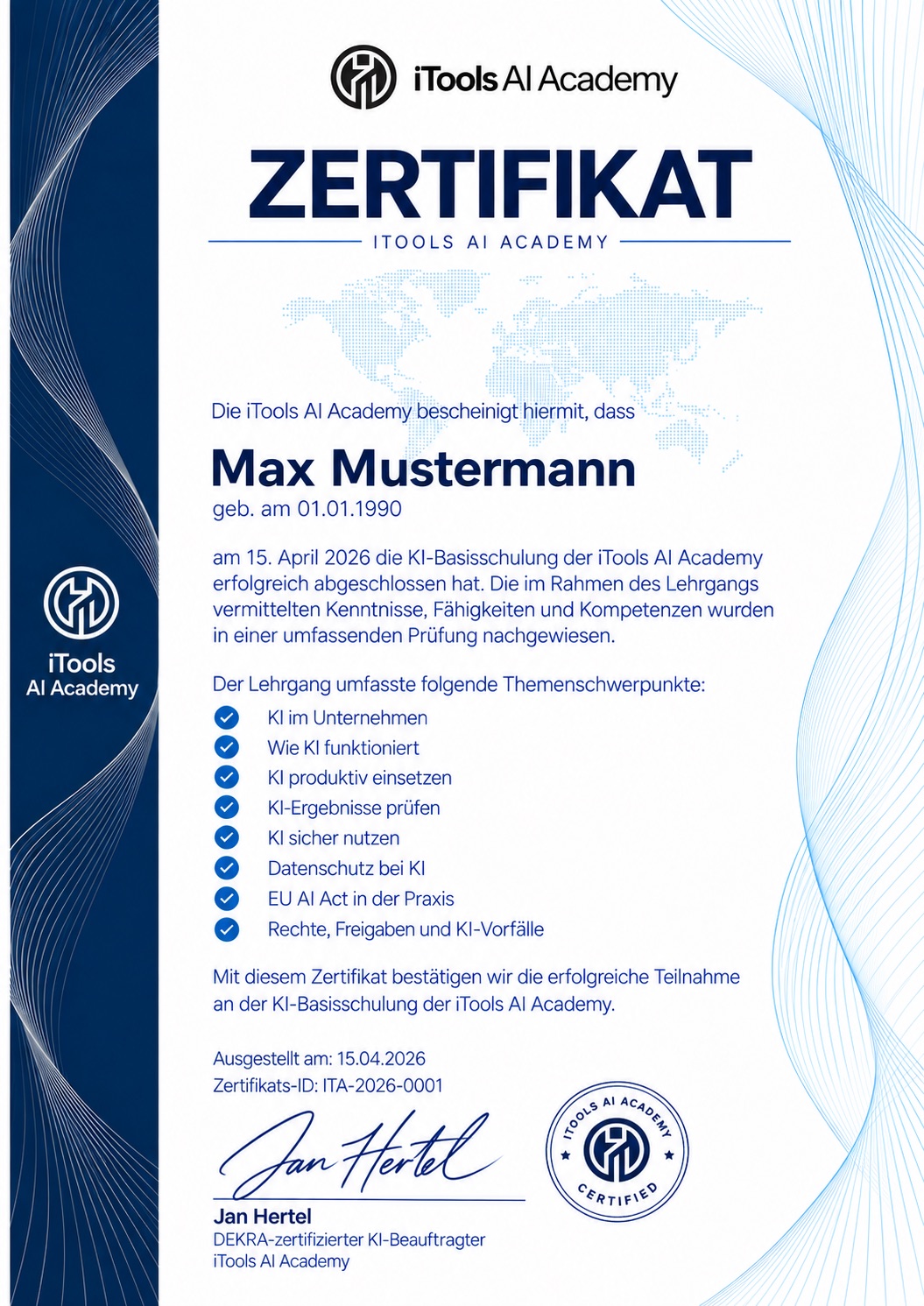Muster des personalisierten Zertifikats der iTools AI Academy